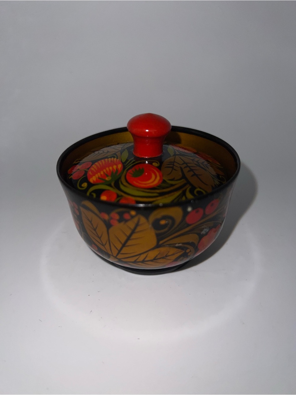 Traditional hand-painted Russian Khokhloma wooden lidded bowl